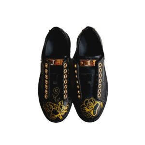 Sneakers nappa di vitello dipinta a mano motivo fiori in oro