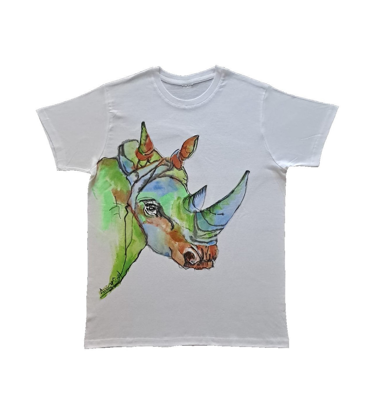 T-shirt dipinta a mano motivo rinoceronte