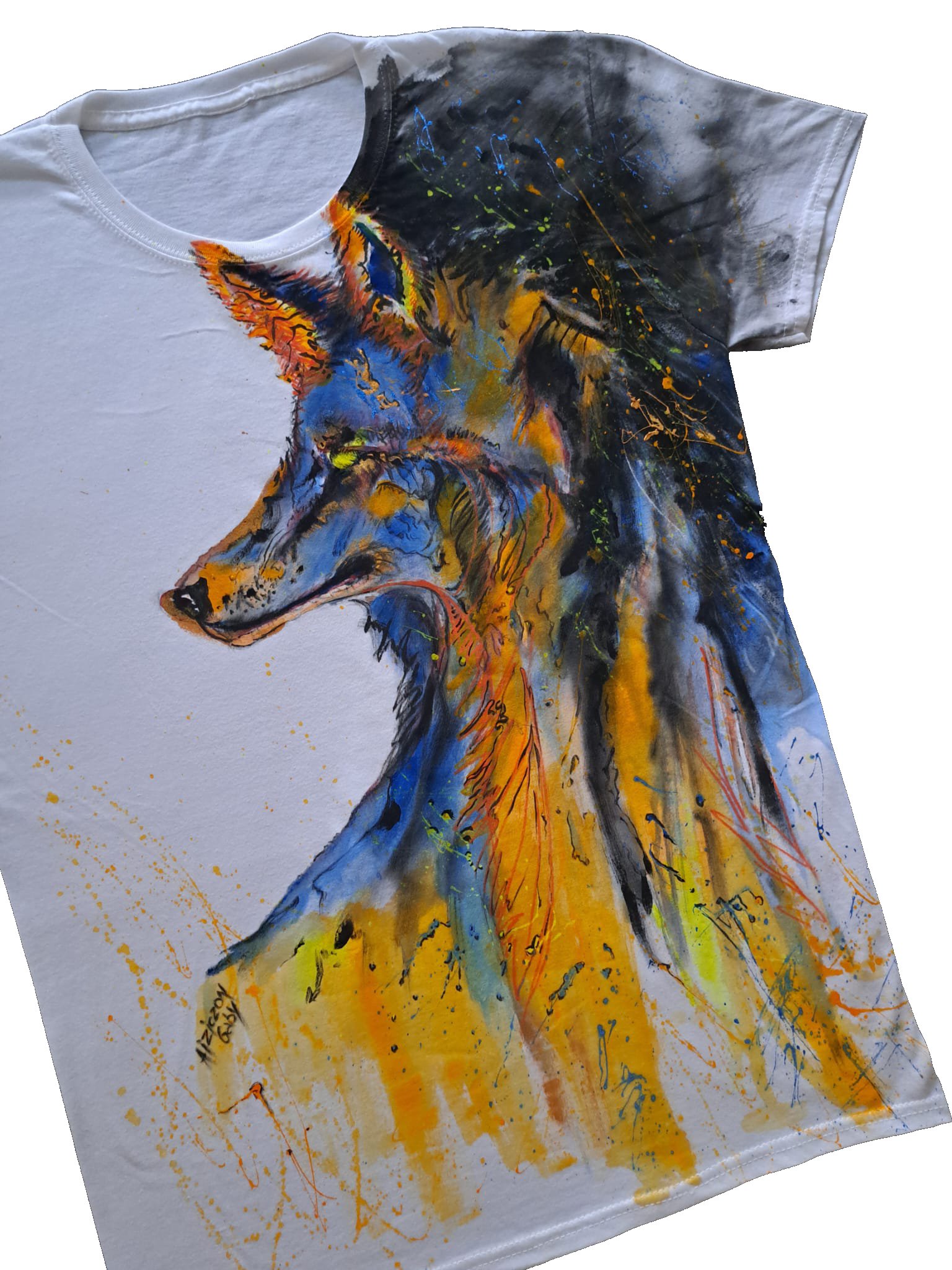 T-shirt dipinta a mano motivo lupo - effetto Splash - immagine 2