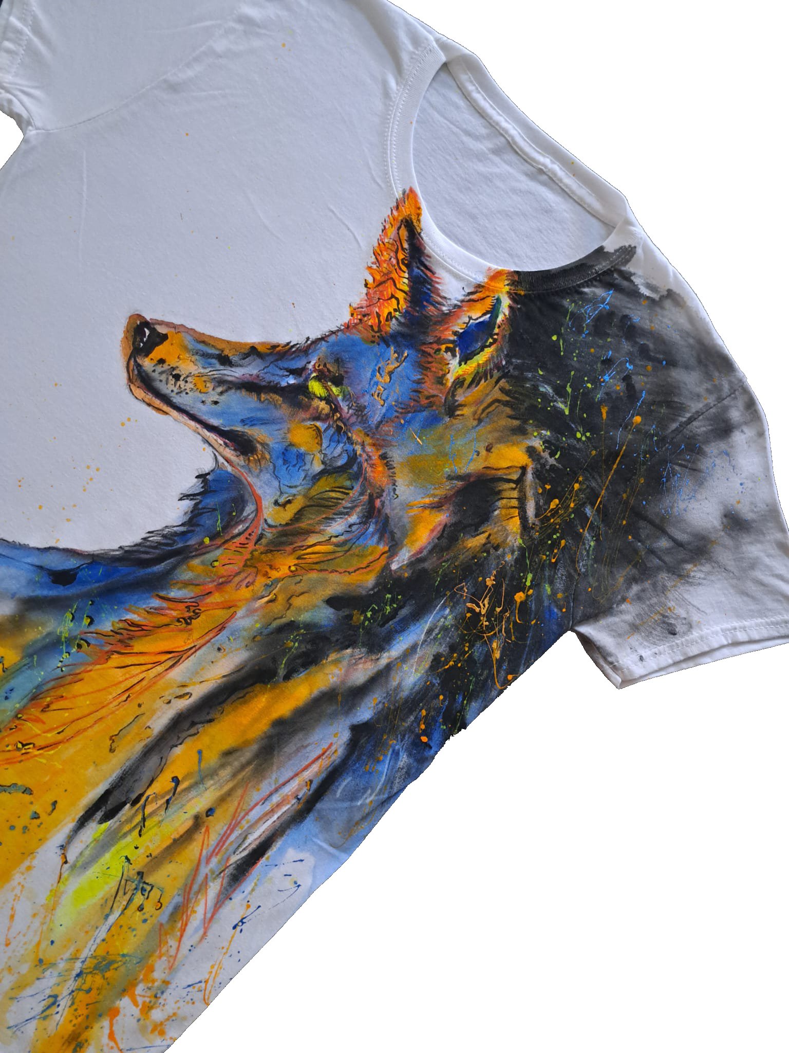T-shirt dipinta a mano motivo lupo - effetto Splash - immagine 3