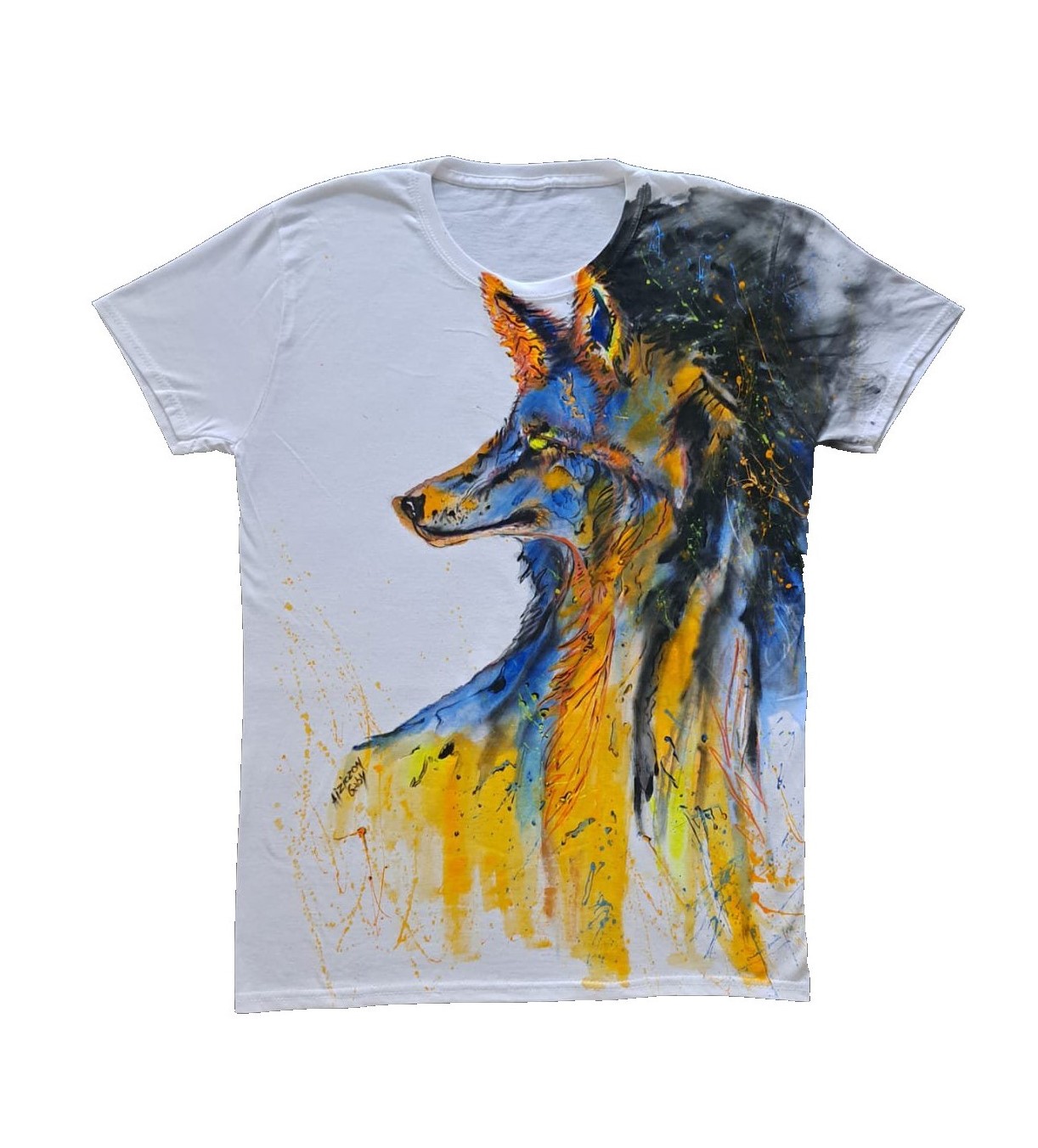 T-shirt dipinta a mano motivo lupo - effetto Splash