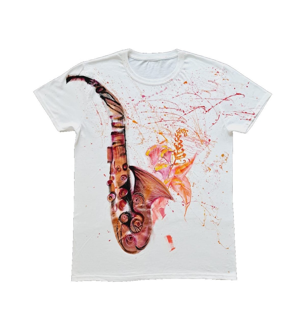 T-shirt dipinta a mano tromba e fiori stilizzati - effetto Splash