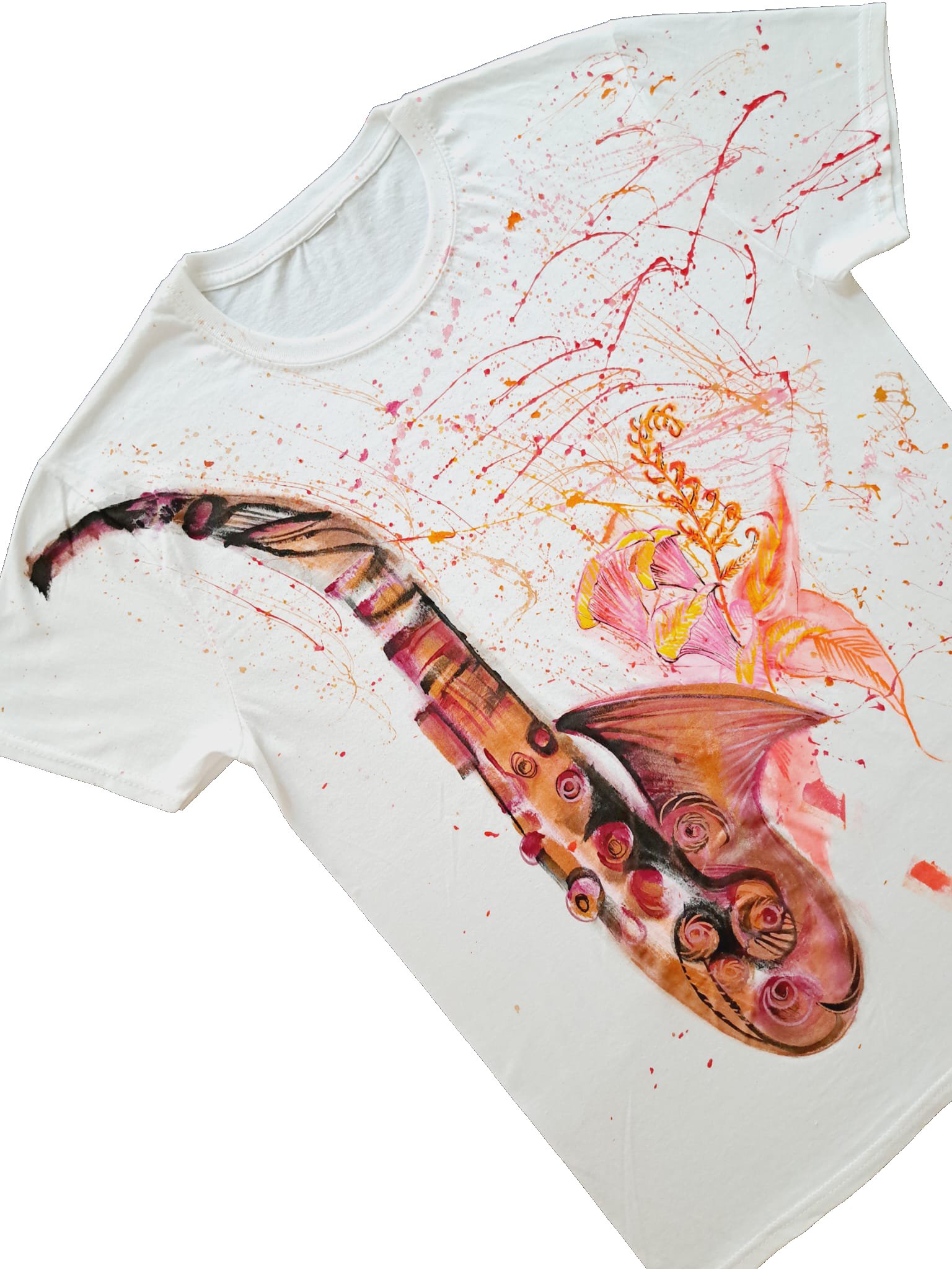 T-shirt dipinta a mano tromba e fiori stilizzati - effetto Splash - immagine 2