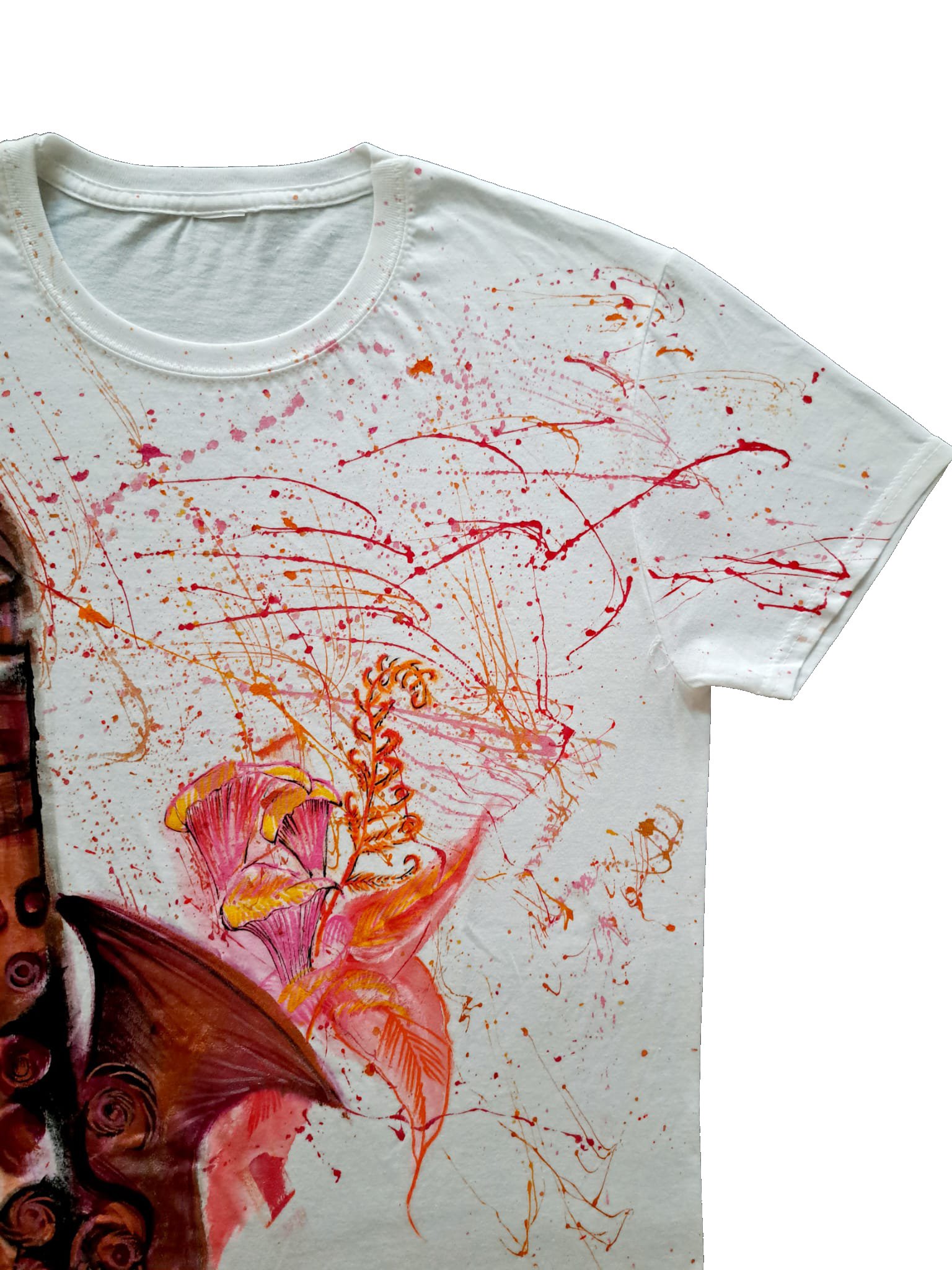 T-shirt dipinta a mano tromba e fiori stilizzati - effetto Splash - immagine 3